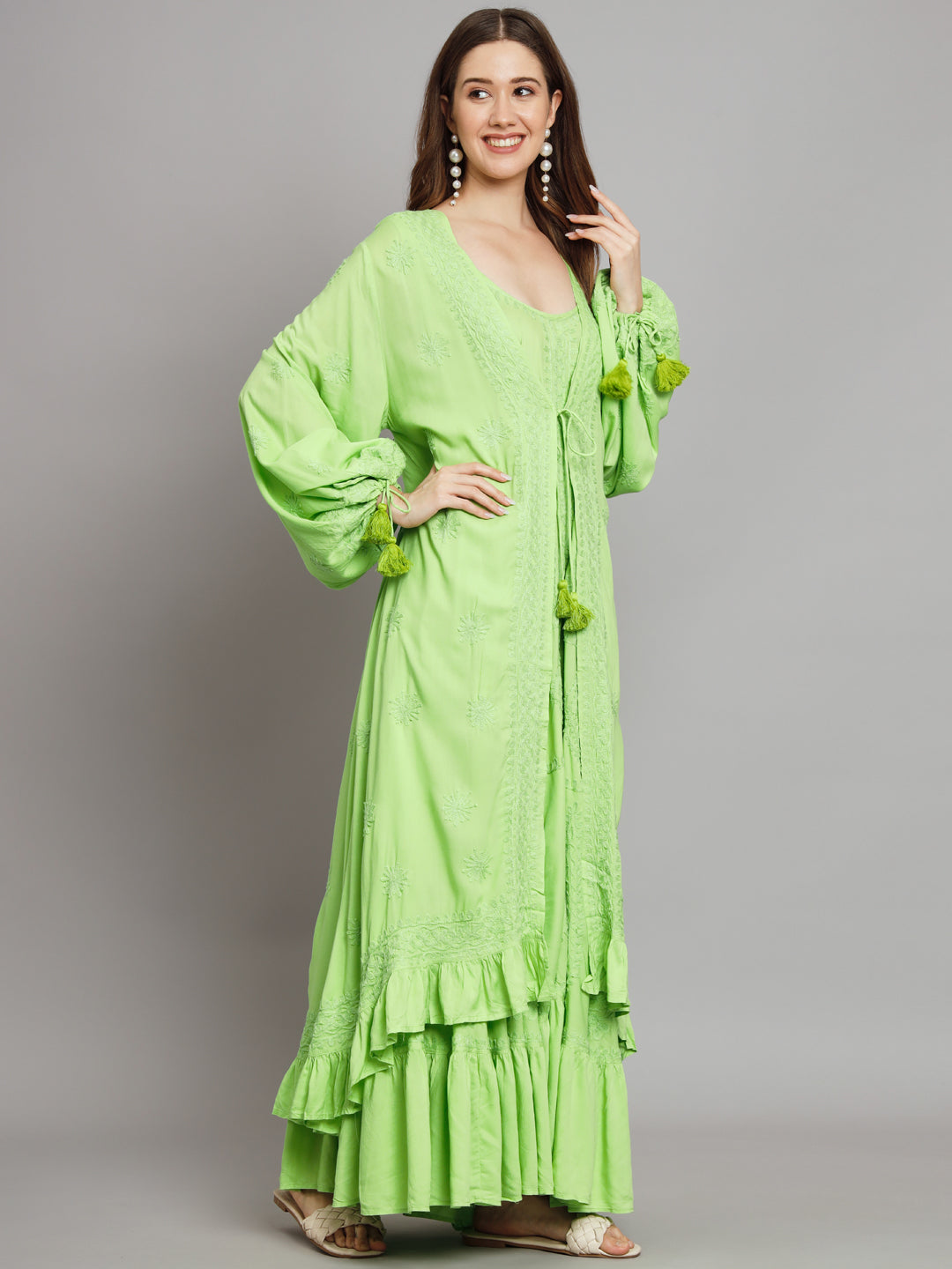 Hand Embroidered Chikankari Modal Kaftan-AL3605 Parrotgreen