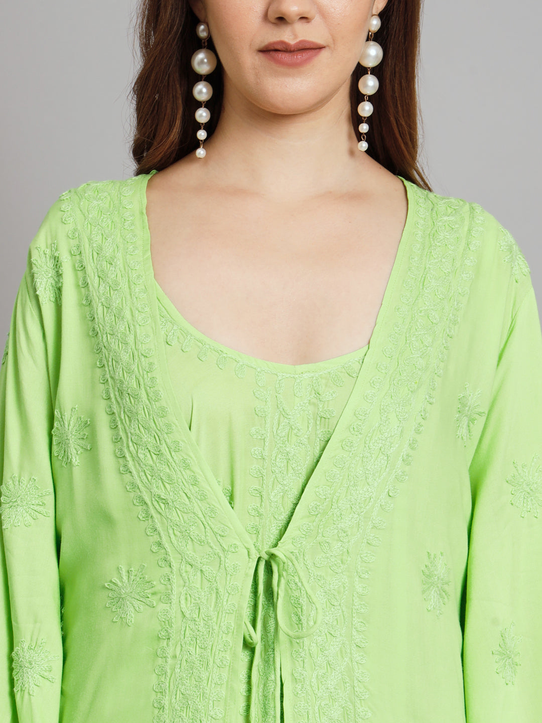 Hand Embroidered Chikankari Modal Kaftan-AL3605 Parrotgreen