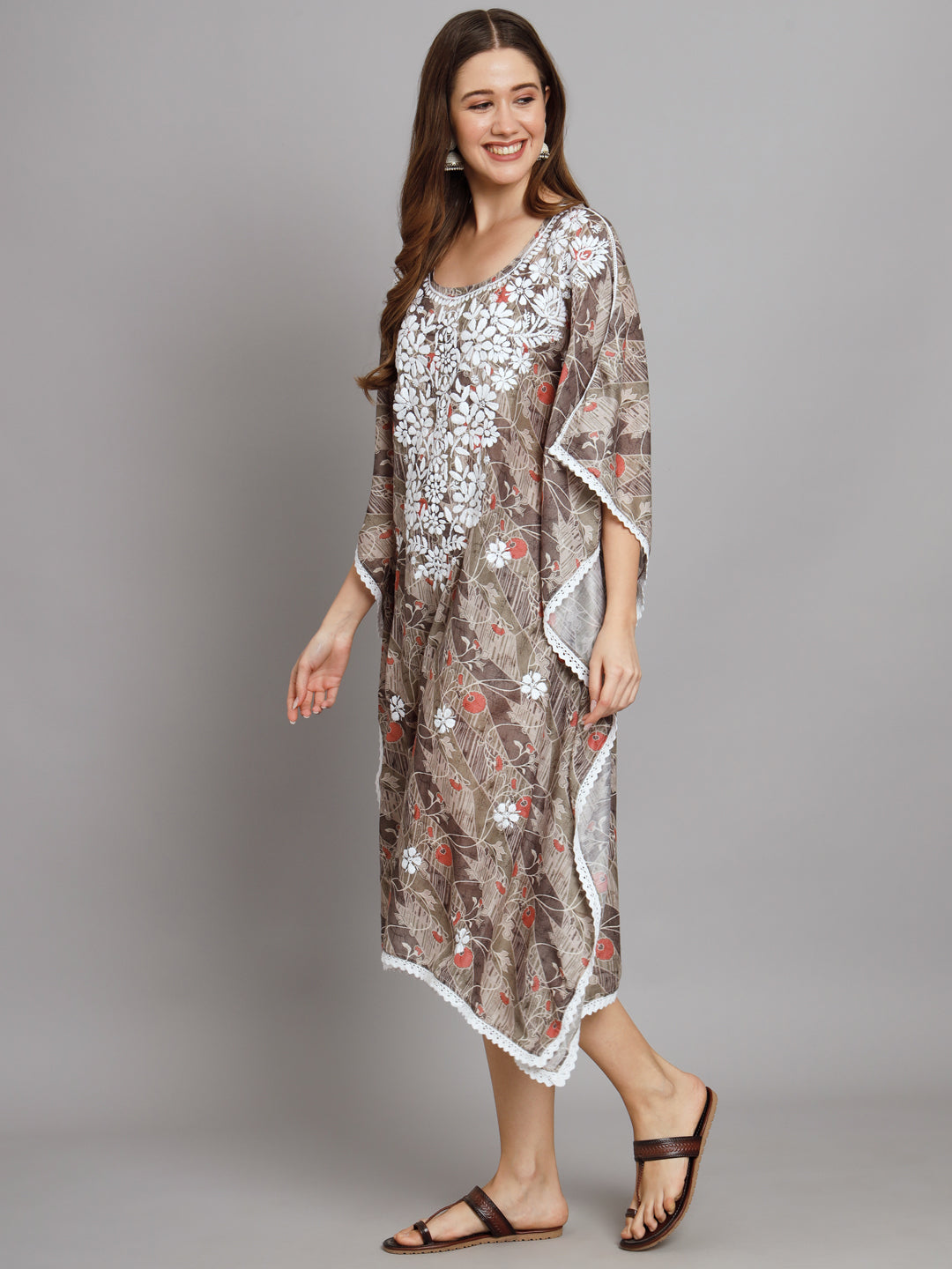 Hand Embroidered Chikankari Floral Print Cotton Midi Kaftan-AL3647 Green