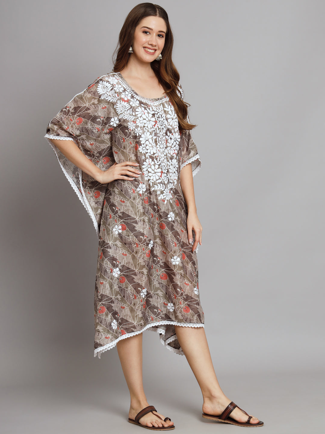 Hand Embroidered Chikankari Floral Print Cotton Midi Kaftan-AL3647 Green