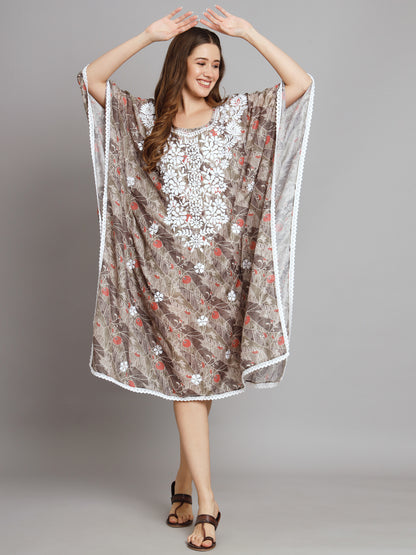 Hand Embroidered Chikankari Floral Print Cotton Midi Kaftan-AL3647