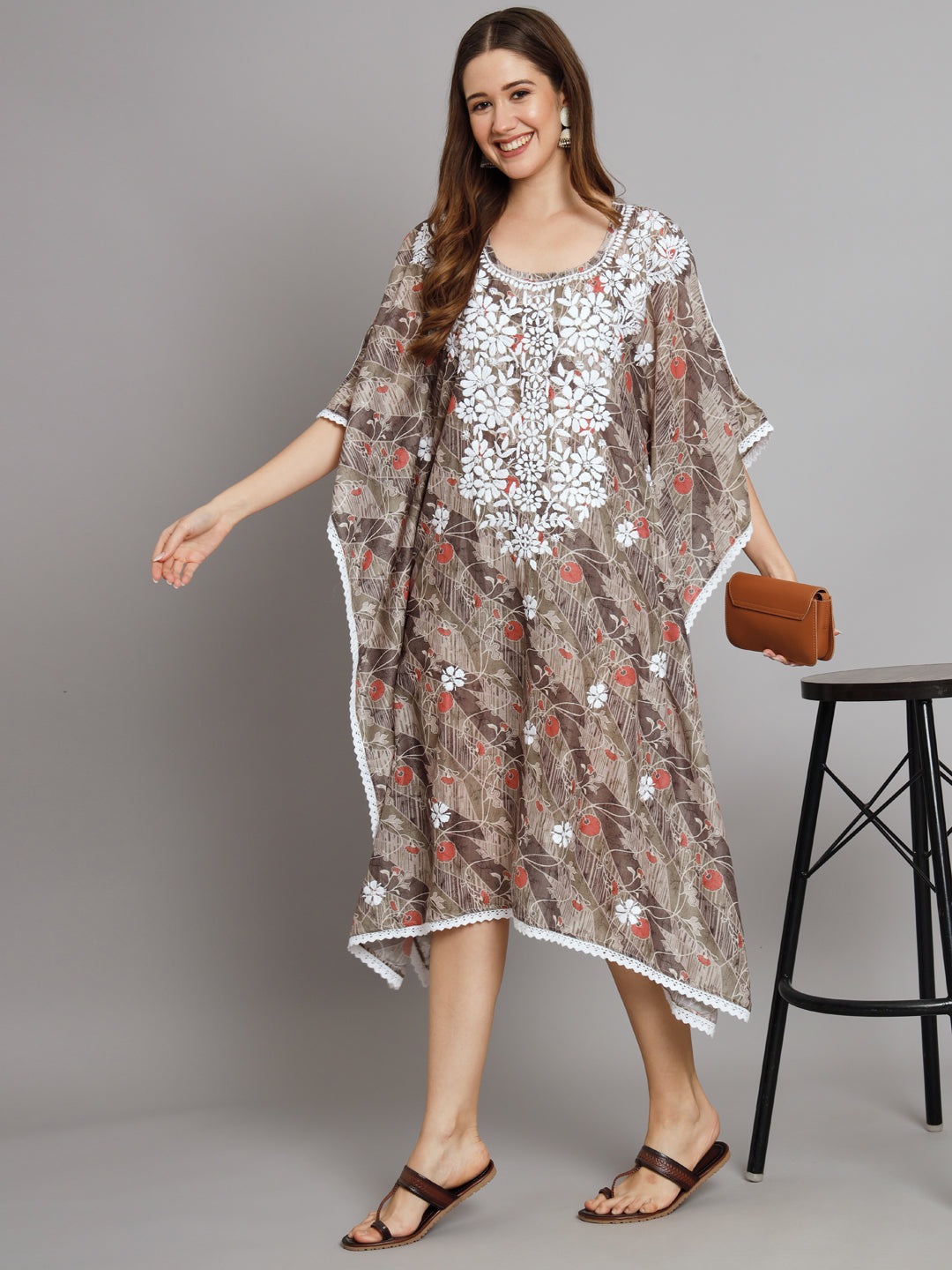 Hand Embroidered Chikankari Floral Print Cotton Midi Kaftan-AL3647 Green
