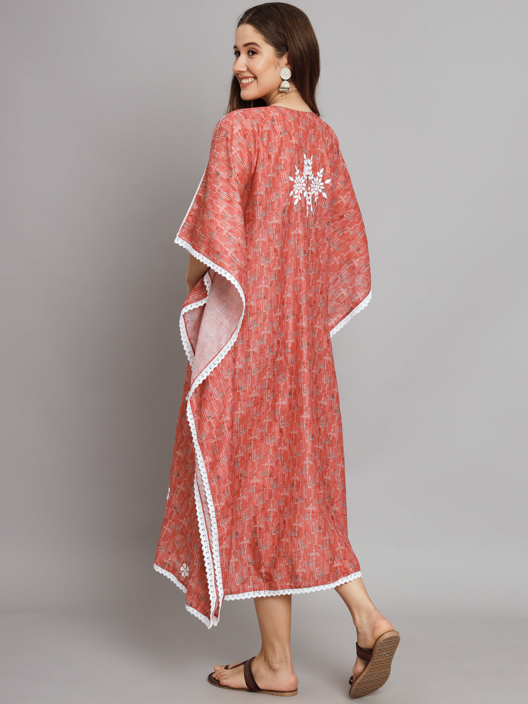 Hand Embroidered Chikankari Floral Print Cotton Midi Kaftan-AL3647 Peach