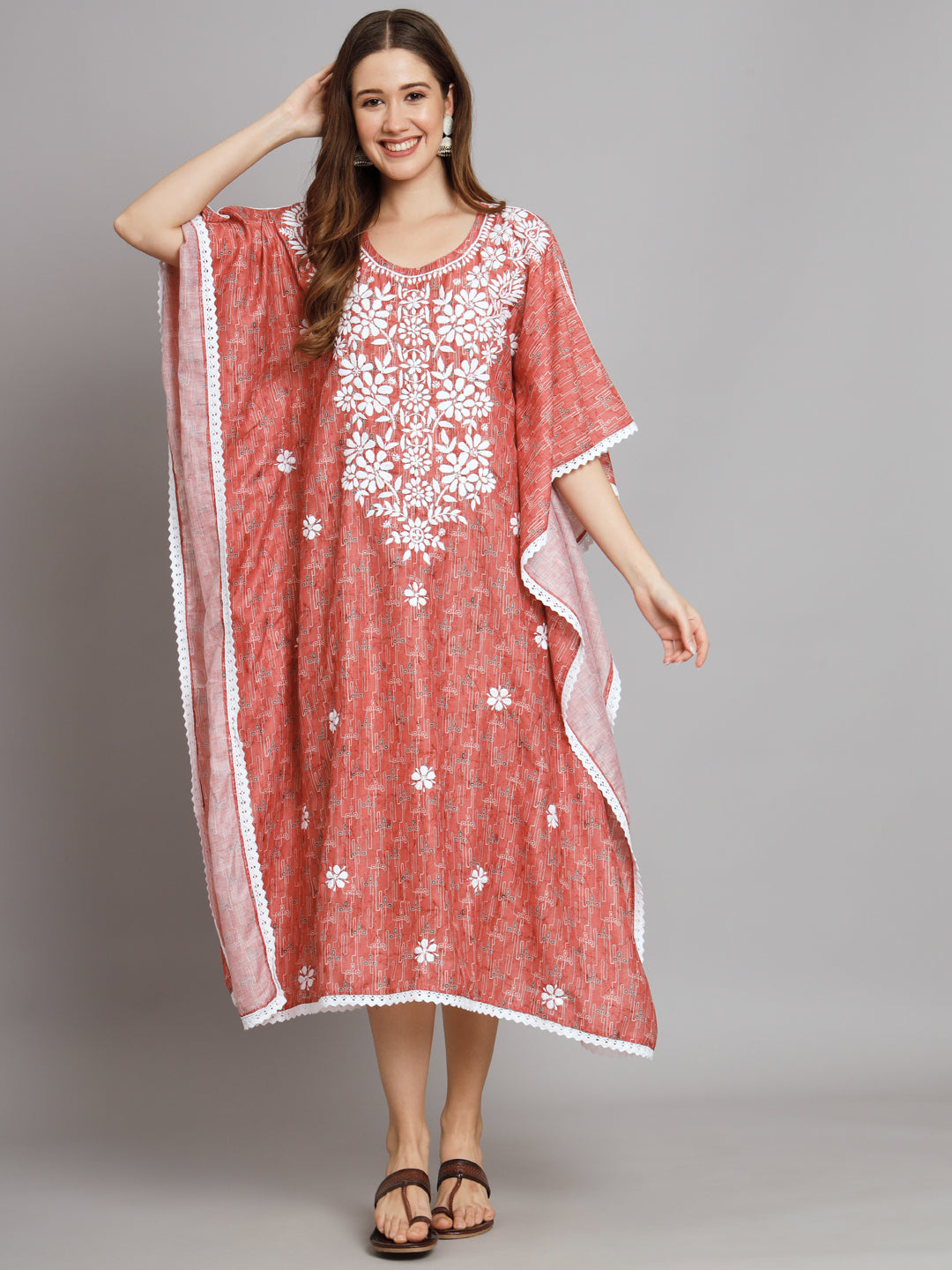 Hand Embroidered Chikankari Floral Print Cotton Midi Kaftan-AL3647 Peach