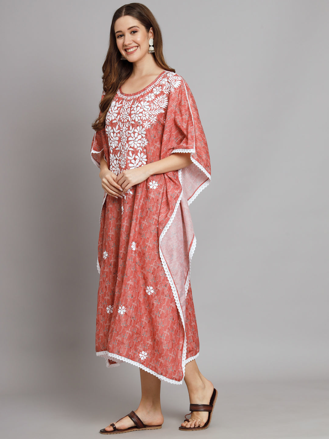 Hand Embroidered Chikankari Floral Print Cotton Midi Kaftan-AL3647 Peach
