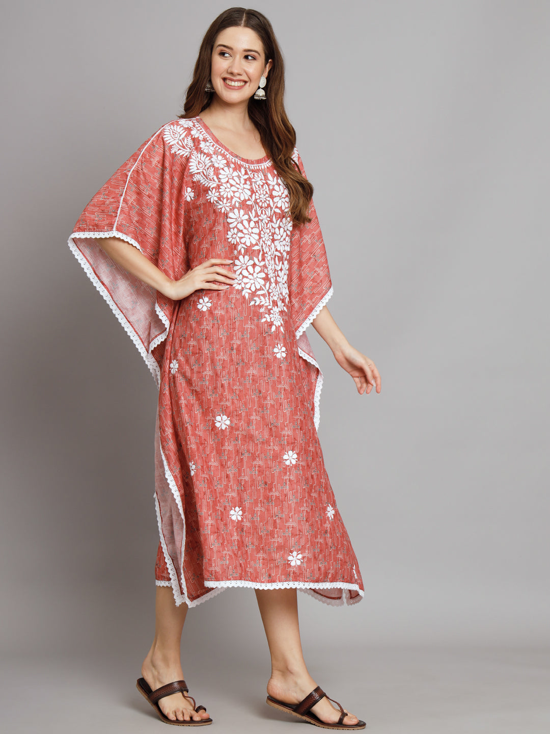 Hand Embroidered Chikankari Floral Print Cotton Midi Kaftan-AL3647 Peach