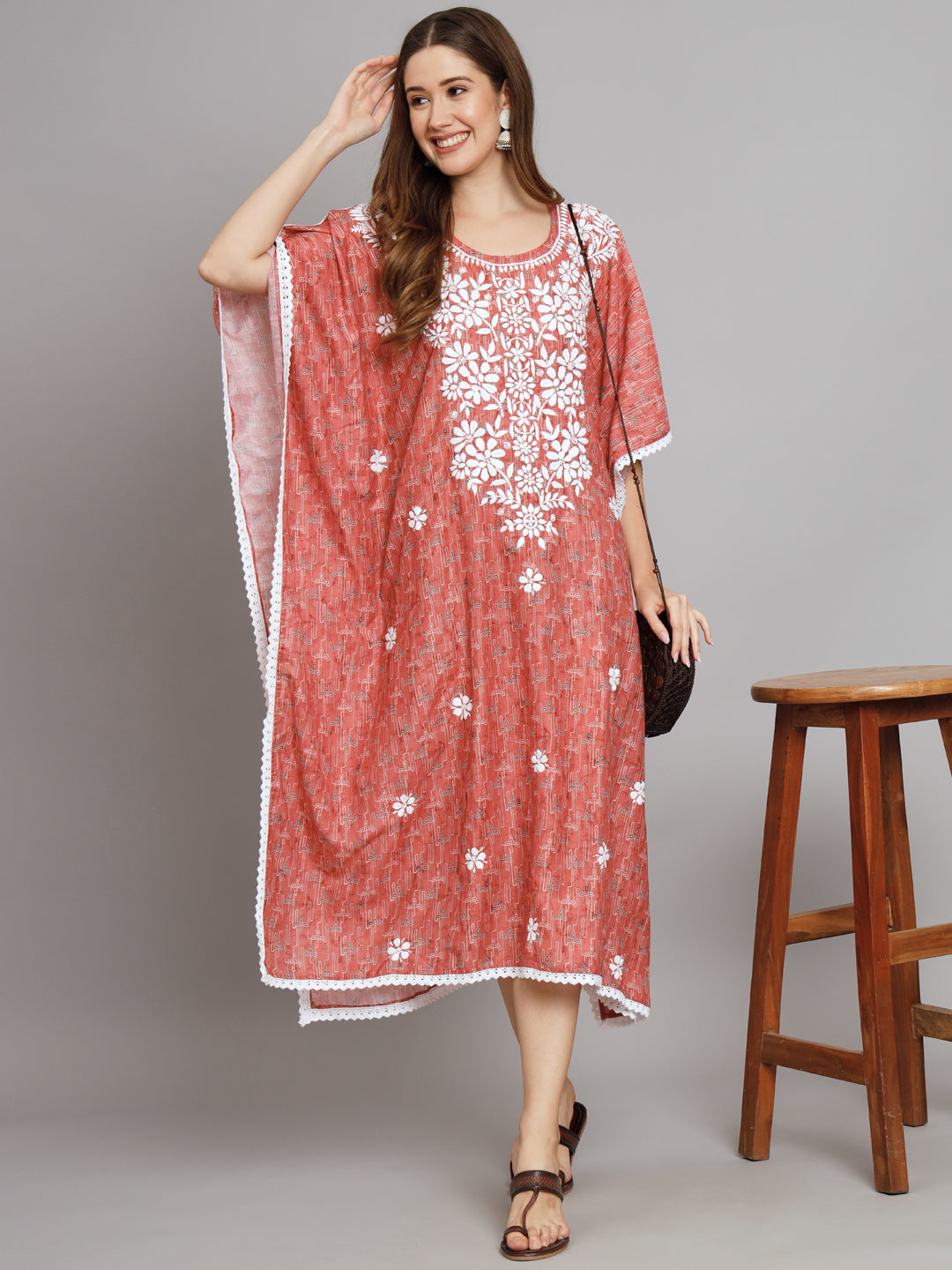 Hand Embroidered Chikankari Floral Print Cotton Midi Kaftan-AL3647 Peach