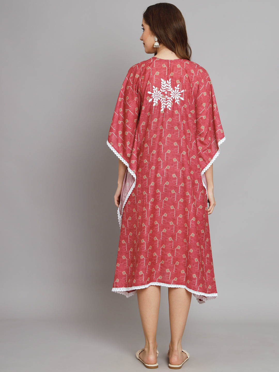 Hand Embroidered Chikankari Floral Print Cotton Midi Kaftan-AL3647