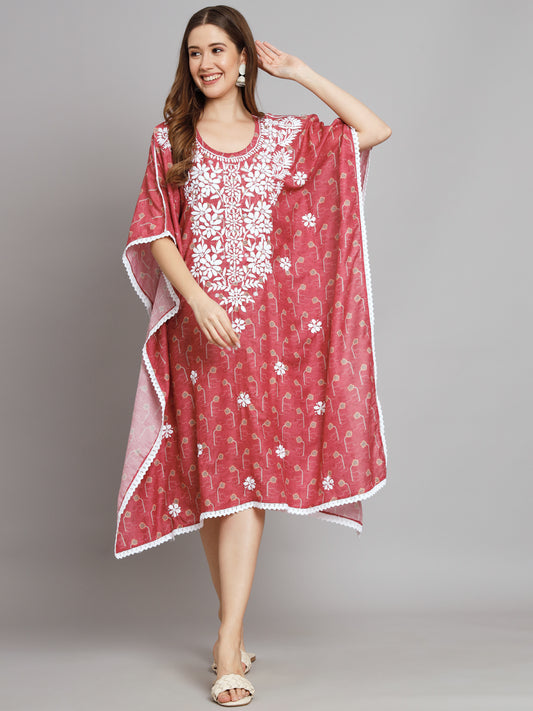 Hand Embroidered Chikankari Floral Print Cotton Midi Kaftan-AL3647