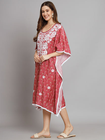 Hand Embroidered Chikankari Floral Print Cotton Midi Kaftan-AL3647