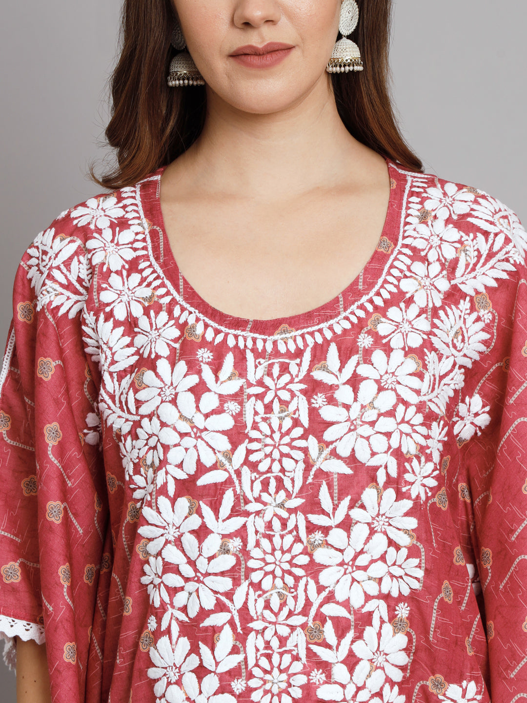 Hand Embroidered Chikankari Floral Print Cotton Midi Kaftan-AL3647