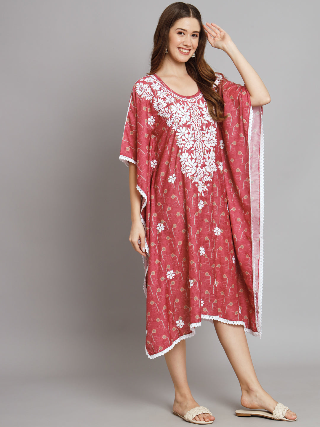 Hand Embroidered Chikankari Floral Print Cotton Midi Kaftan-AL3647