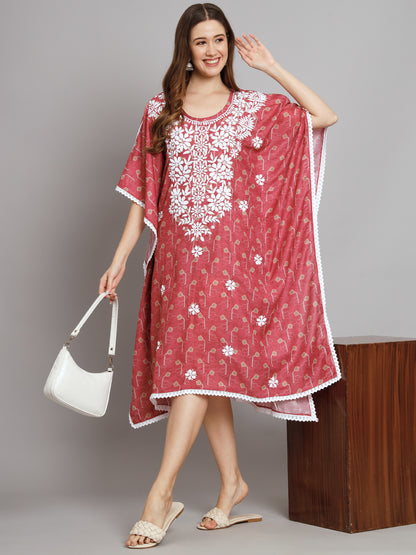 Hand Embroidered Chikankari Floral Print Cotton Midi Kaftan-AL3647