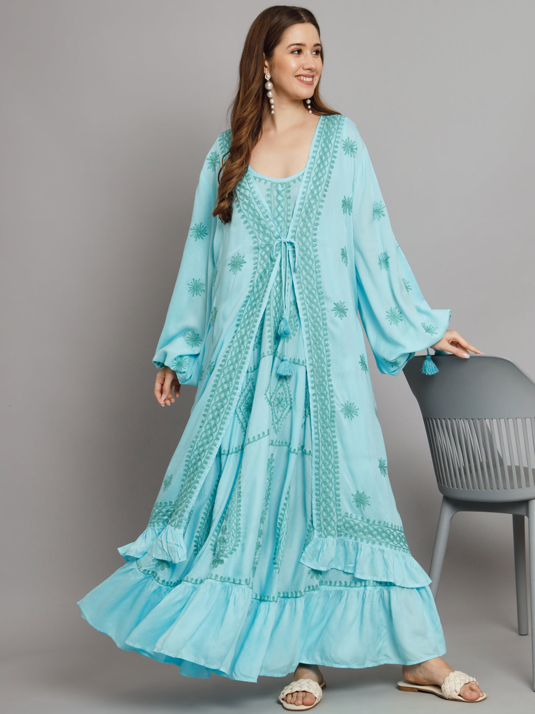 Hand Embroidered Chikankari Modal Kaftan-AL3605