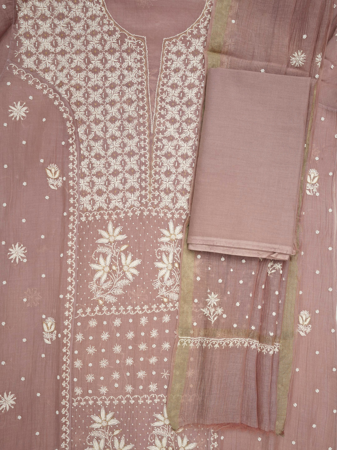 Women Hand Embroidered Premium Chikankari Mul Chanderi Unstitched Kurta Dupatta Bottom Set-ALSCA85201FS Rust