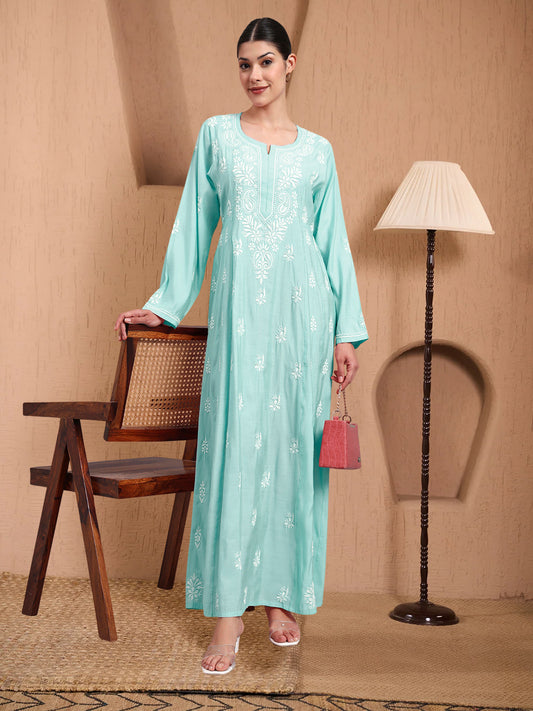 Hand Embroidered Chikankari Chanderi Jalabiya-AL4088 Seagreen