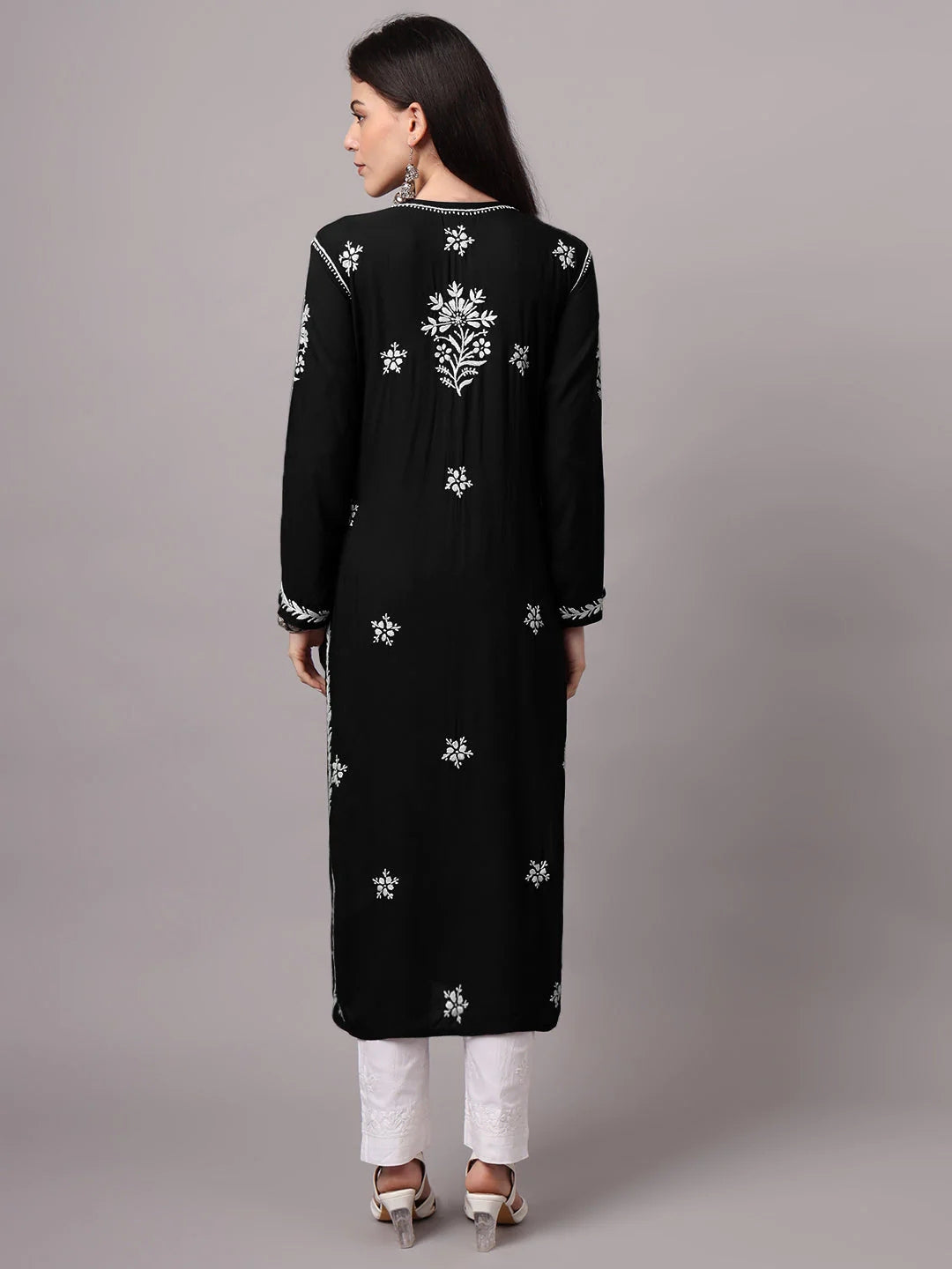 Women Hand Embroidered Modal Chikankari Kurta-AL4059 Black