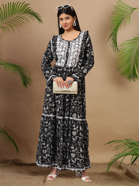 Hand Embroidered Chikankari A-Line Gathering Pattern Mulmul Cotton Jalabiya-AL3941 Black
