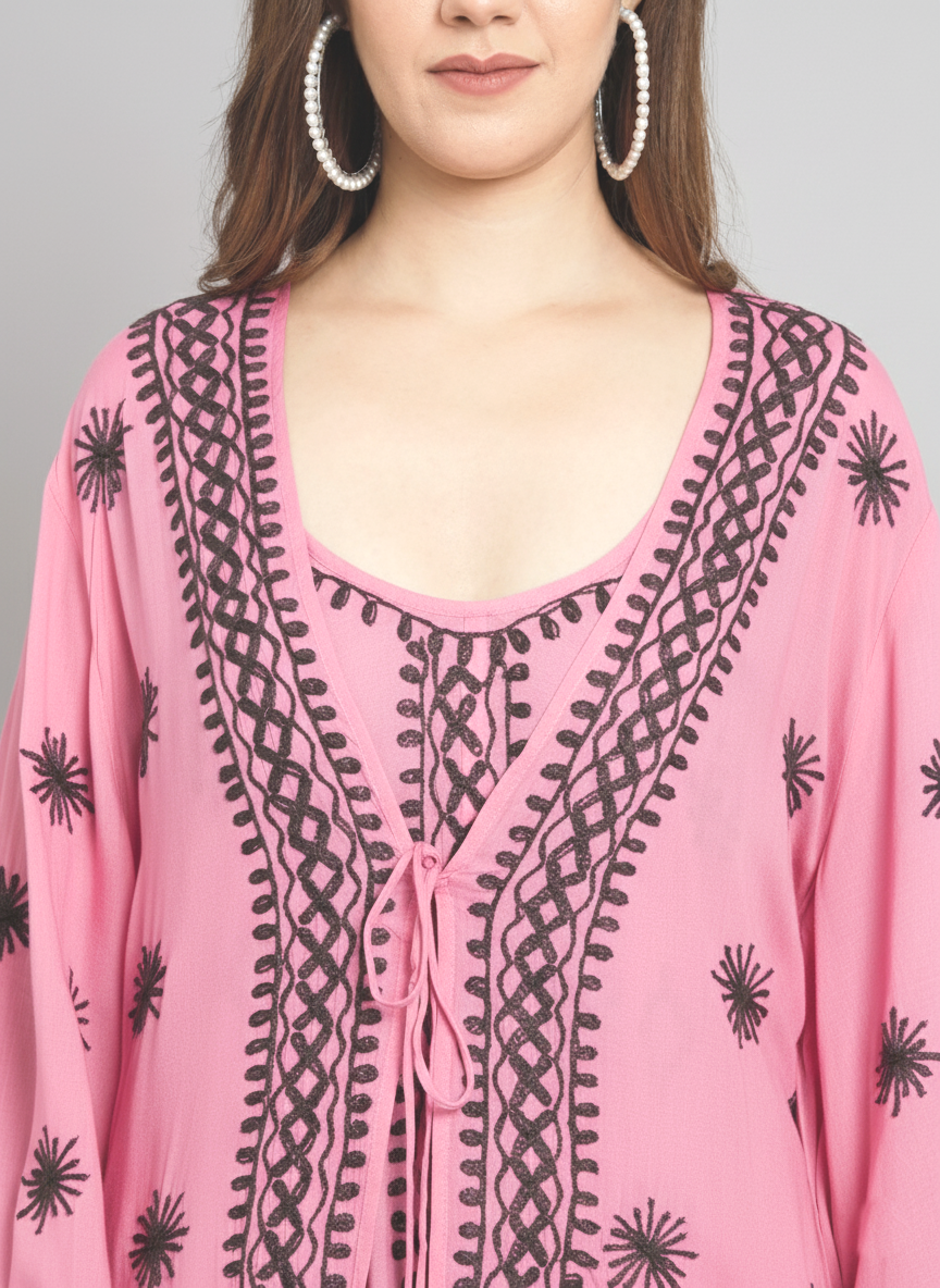 Hand Embroidered Chikankari Modal Kaftan-AL3605A Red