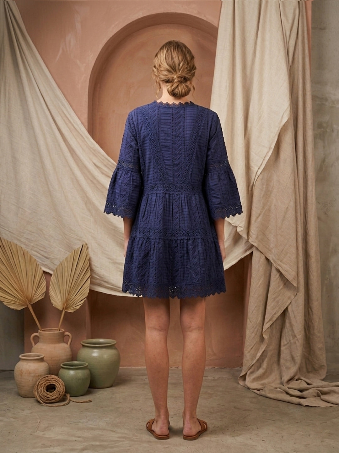 Women Embroidered  Scalloped Lace Trim Cotton Midi Dress -AL3703 Navy