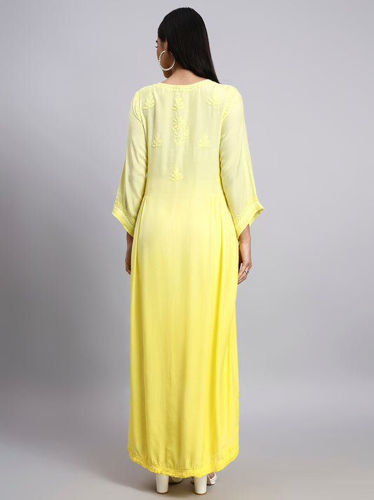 Women Hand Embroidered Chikankari Muslin Kurta Set-AL4101KS Yellow