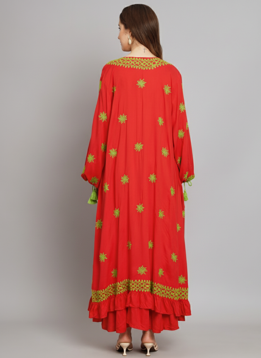 Hand Embroidered Chikankari Modal Kaftan-AL3605A Red