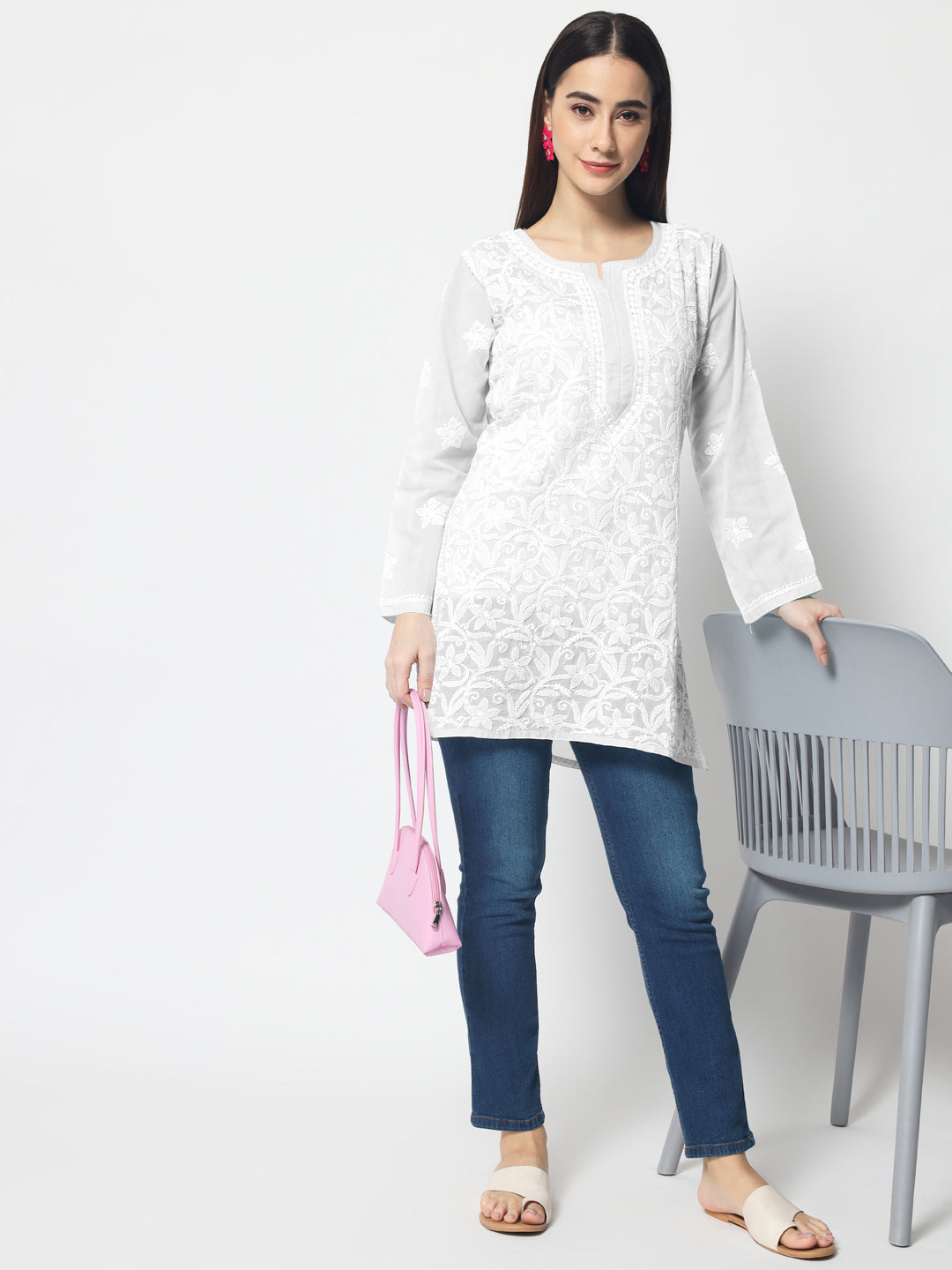 Hand Embroidered Chikankari Cotton Straight Tunic-AL3591 White