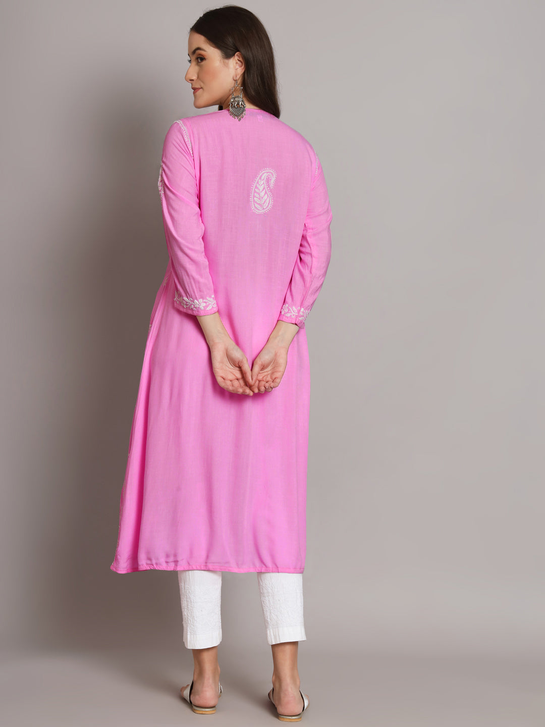 Women Hand Embroidered Chikankari Rayon Kurta-AL3549 Darkpink