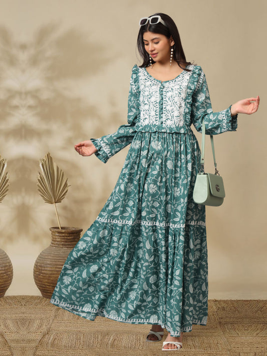 Hand Embroidered Chikankari A-Line Gathering Pattern Mulmul Cotton Jalabiya-AL3941 Seagreen