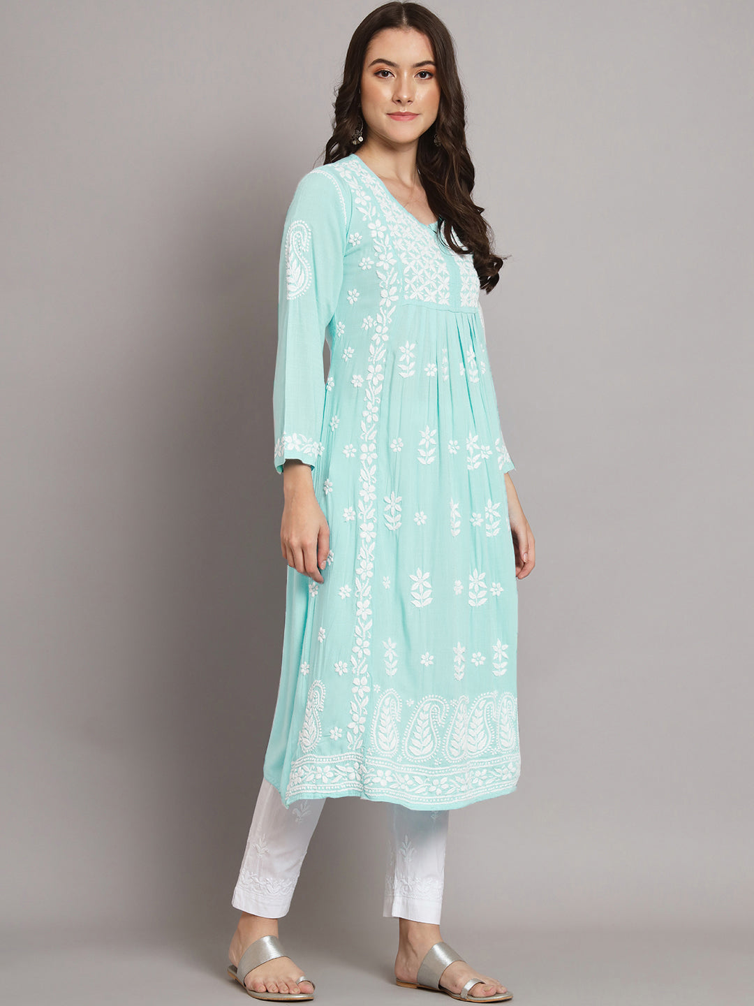 Women Hand Embroidered Chikankari Rayon Kurta-AL3549 Seagreen
