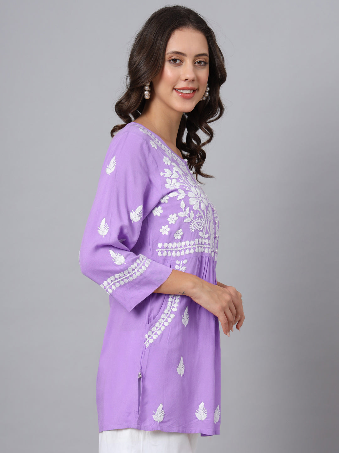 Women Hand Embroidered Chikankari Rayon Short Kurti-AL3696 Mauve