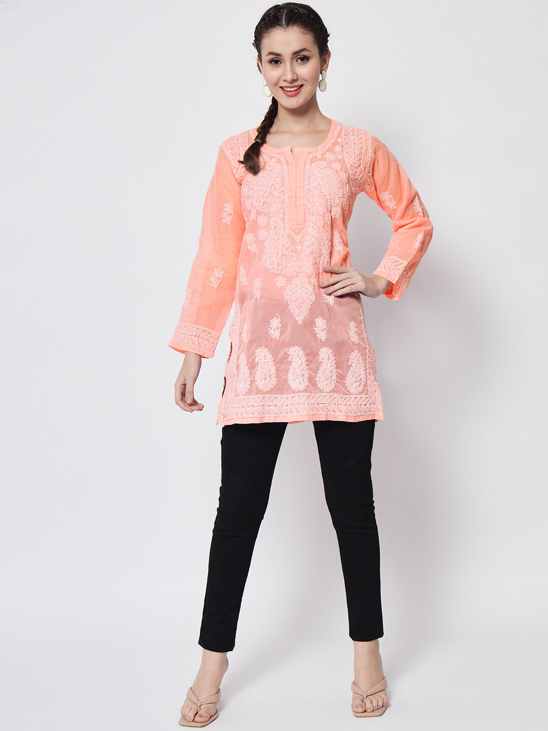 Hand Embroidered Chikankari Cotton Straight Kurti-AL3595 Darkpeach