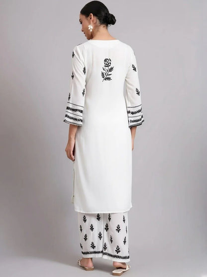 Women Hand Embroidered Lucknowi Chikankari Rayon Kurta Set-AL4078KS White & Black