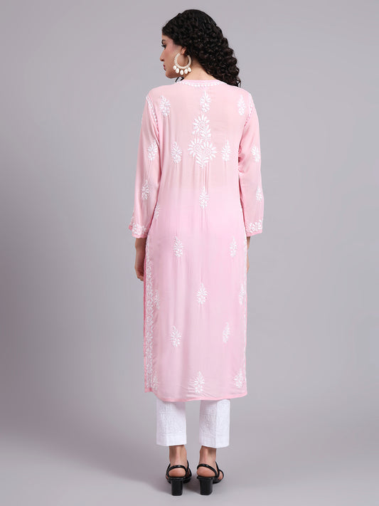 Women Hand Embroidered Chikankari Modal Kurta-AL4042 Pink