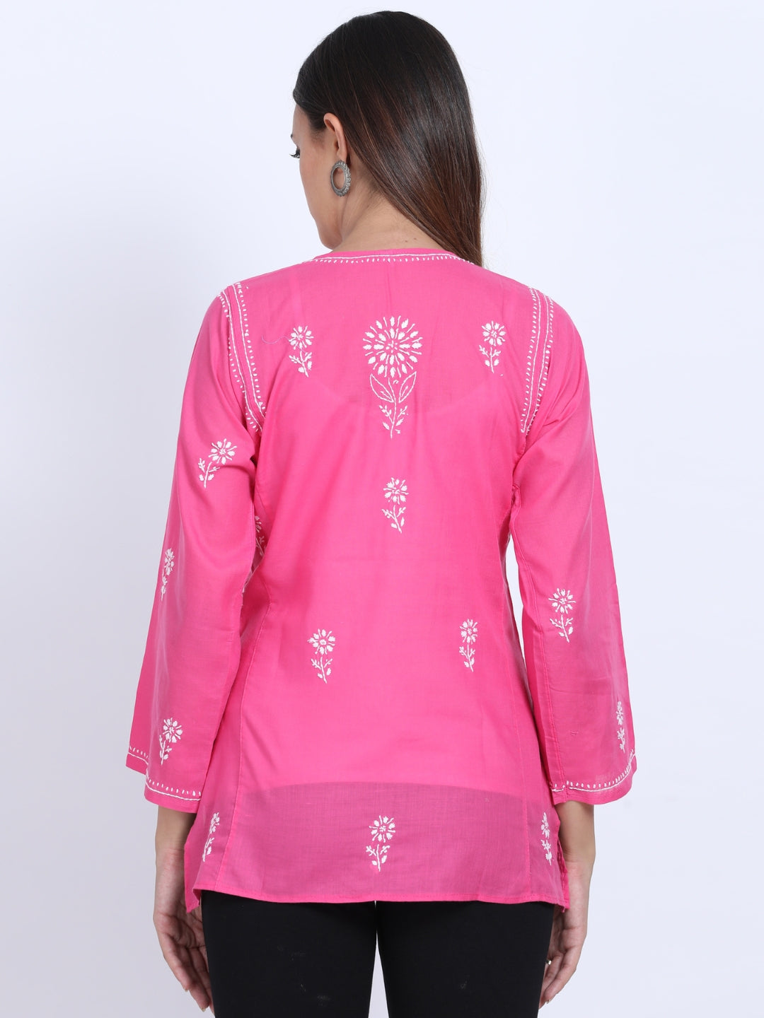 Women Hand Embroidered Chikankari Cotton Short Kurti-ALSTV115 Hotpink