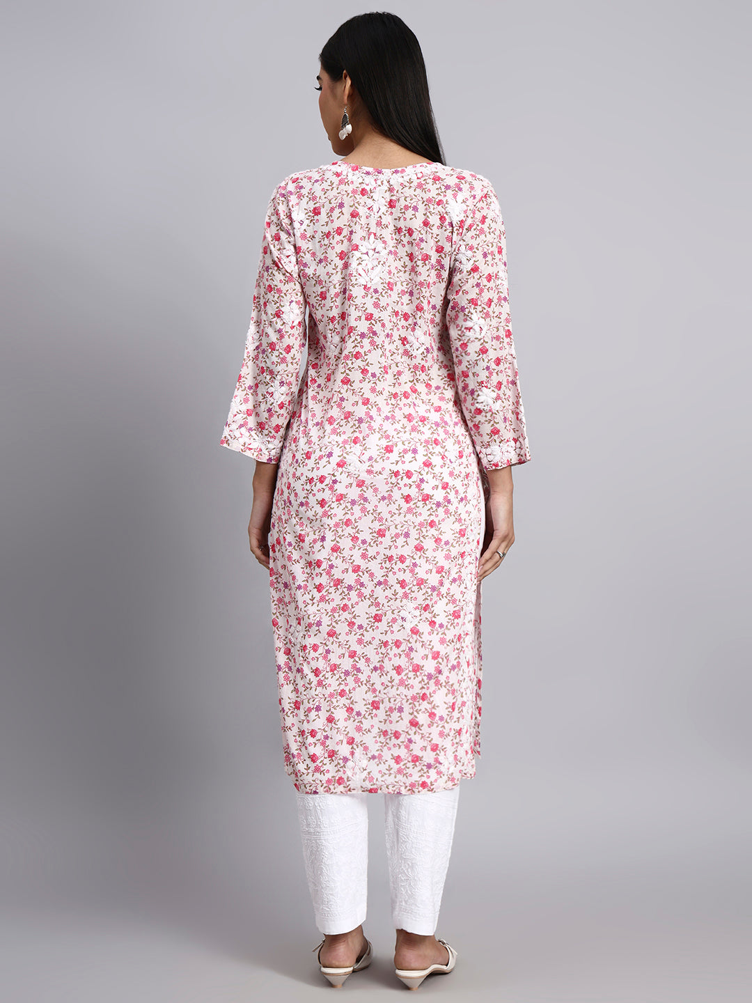Hand Embroidered Chikankari Cotton Kurta-AL4105 Pink