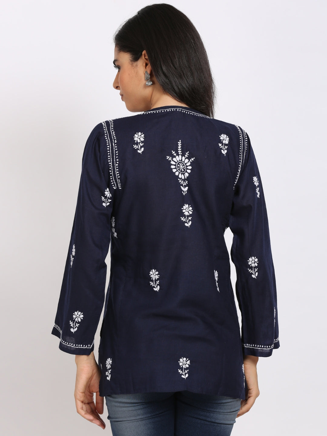 Women Hand Embroidered Chikankari Cotton Kurti-ALSTV115 Navy