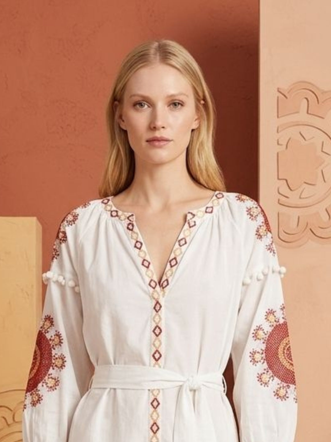 Women Embroidered With Belt Rayon Dress -AL3735