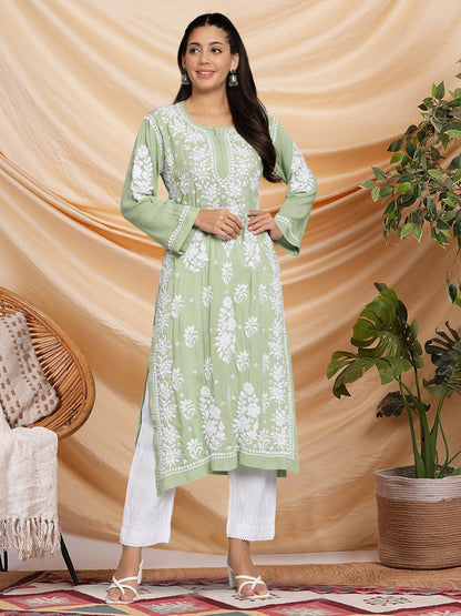 Hand Embroidered Chikankari Modal Straight Kurta-AL3682 Green