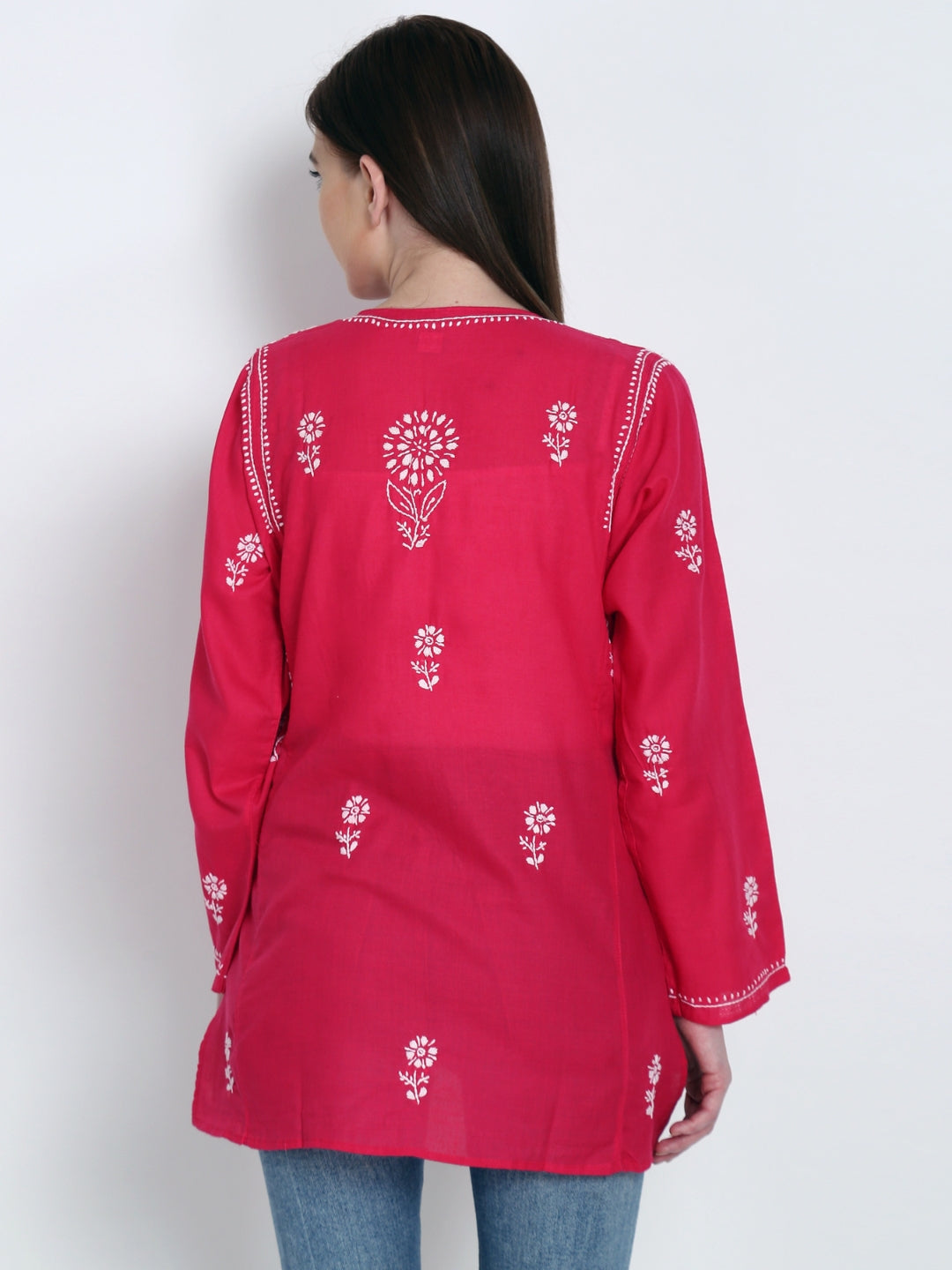 Women Hand Embroidered Chikankari Cotton Kurti-ALSTV115 Magenta