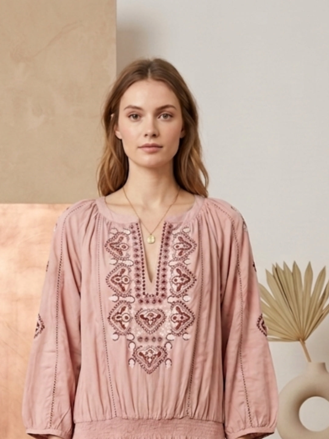 Women Embroidered  Rayon Midi Dress -AL3754 Brown
