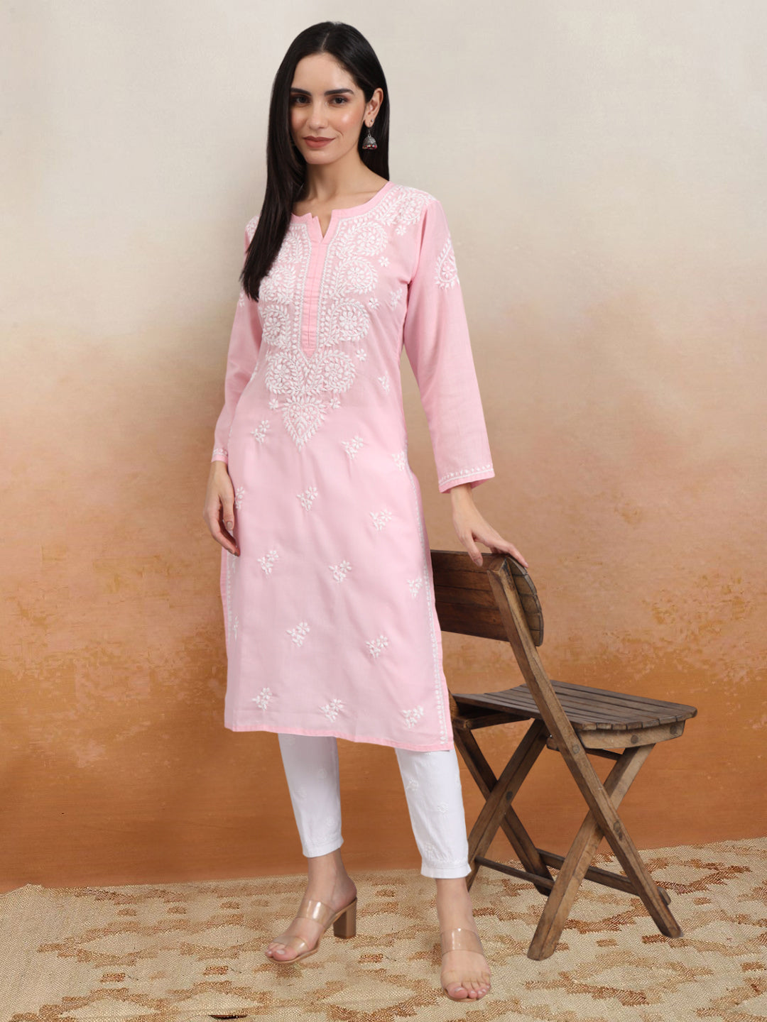 Hand Embroidered Chikankari Cotton Straight Kurta-AL3997 Pink