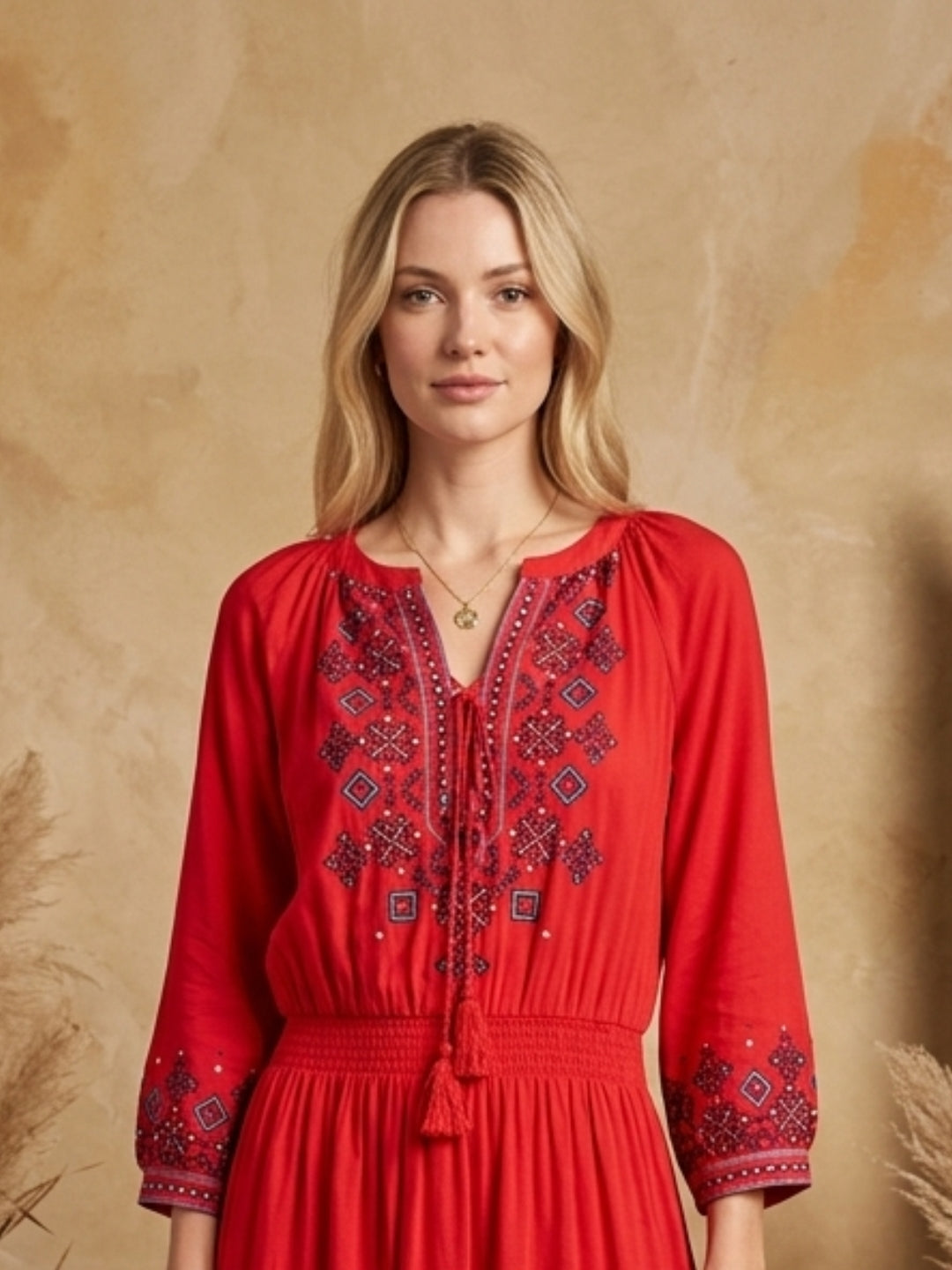Women Embroidered Side Slit Rayon Full Dress -AL3869