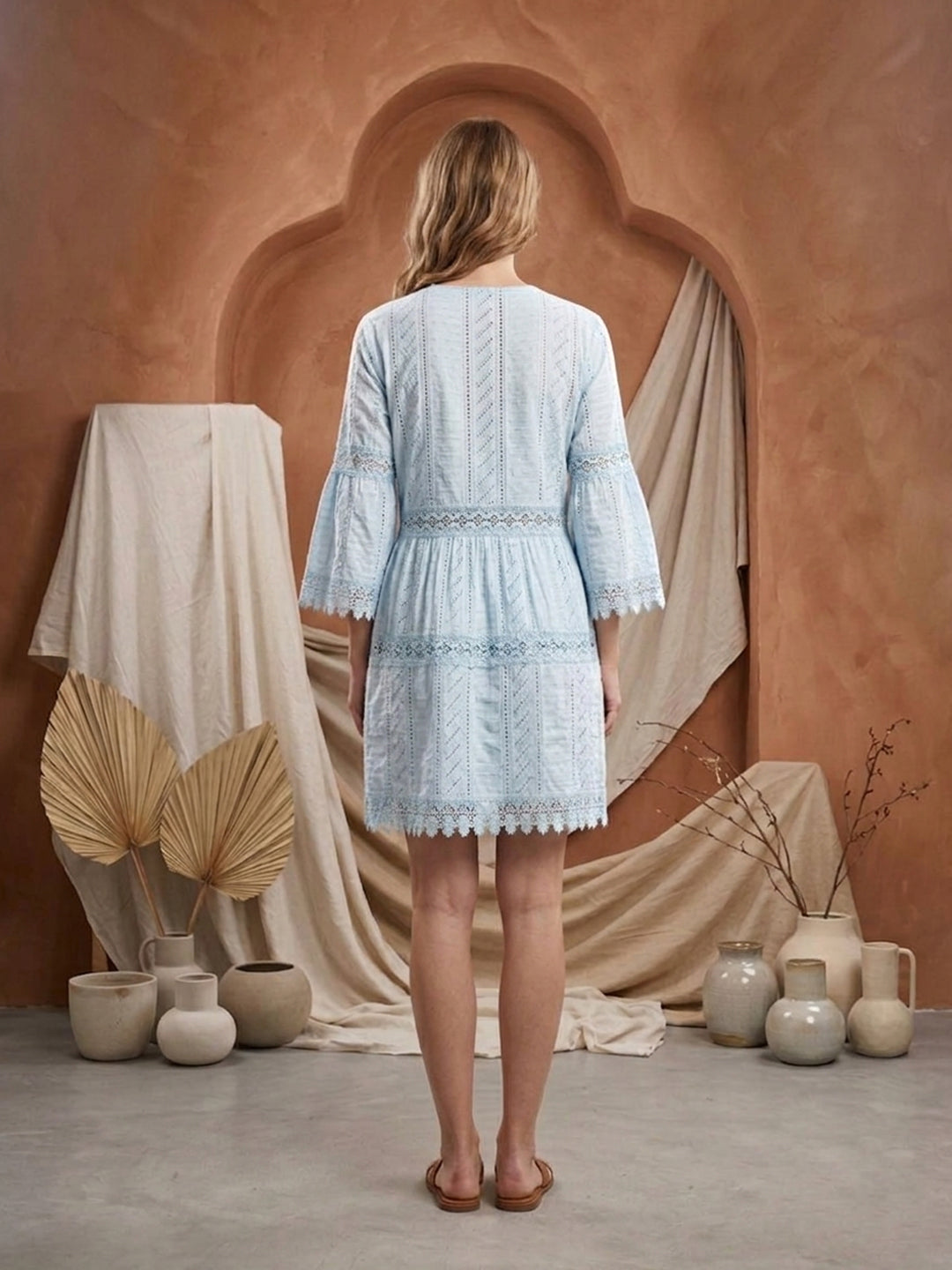 Women Embroidered  Scalloped Lace Trim Cotton Midi Dress -AL3703