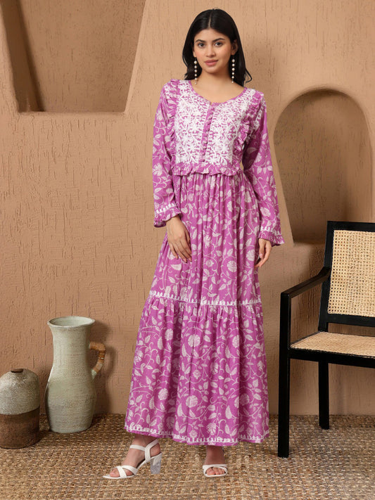 Hand Embroidered Chikankari A-Line Gathering Pattern Mulmul Cotton Jalabiya-AL3941 Hotpink