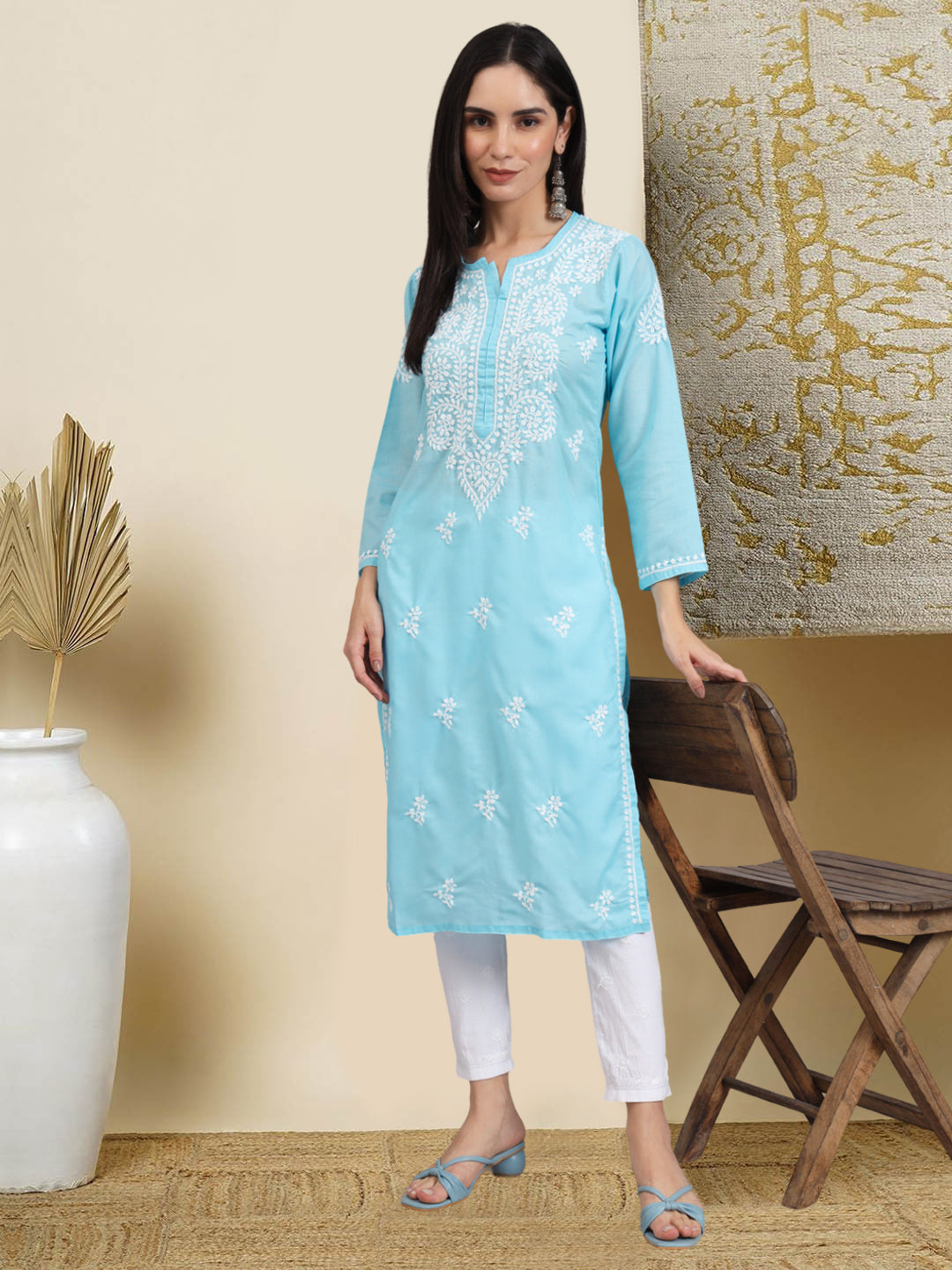 Hand Embroidered Chikankari Cotton Straight Kurta-AL3997 Sky Blue