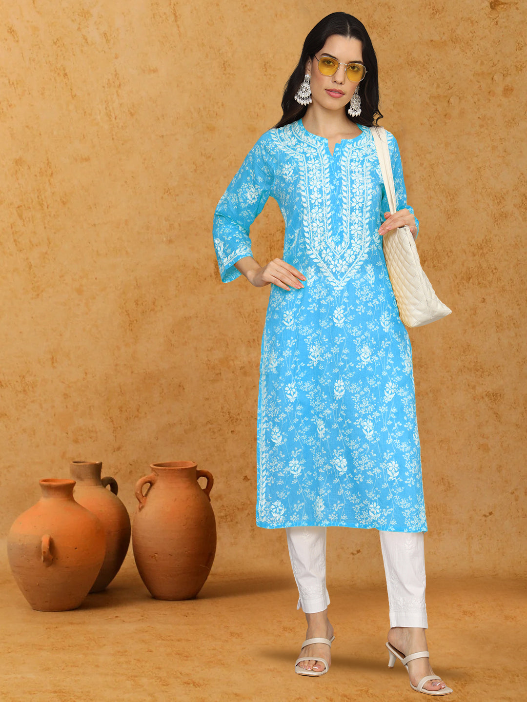 Women Hand Embroidered Chikankari Mulmul Cotton Printed Kurta-AL4041 Blue