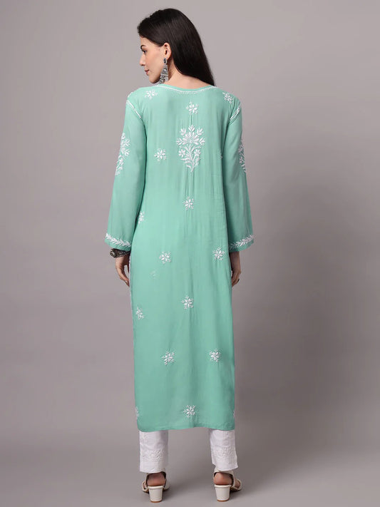Women Hand Embroidered Chikankari Modal Kurta-AL4059 Sea Green