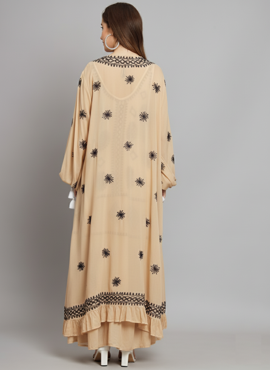 Hand Embroidered Chikankari Modal Kaftan-AL3605A Beige
