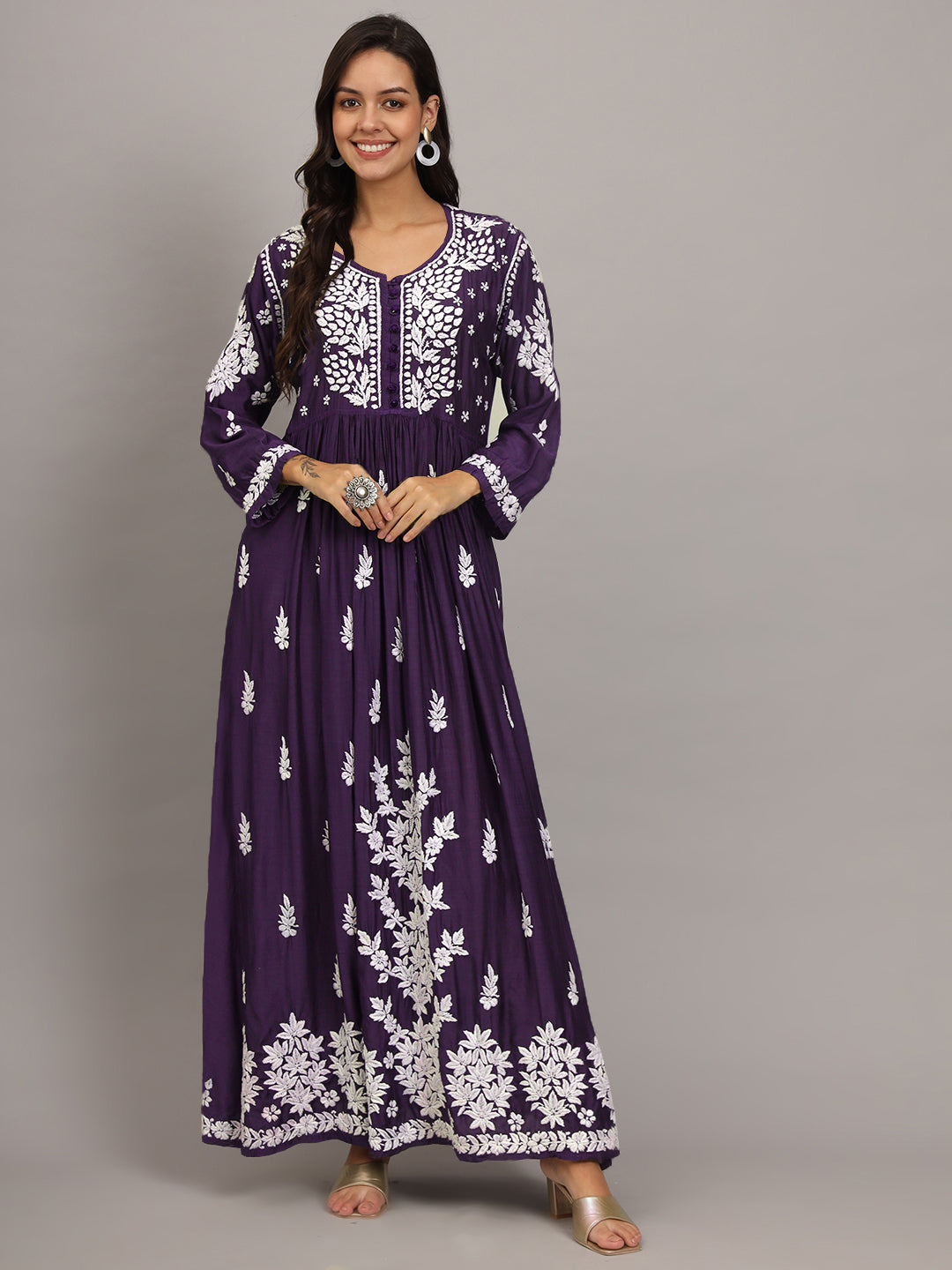 Hand Embroidered Chikankari Muslin Jalabiya-AL4017
